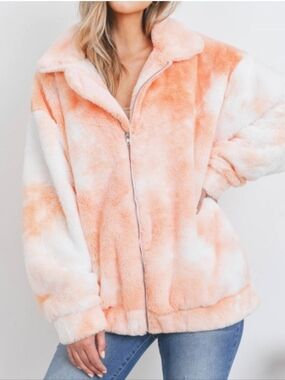 Storia Tie Dye Creamsicle Oversized Full Zip Faux Fur Coat Jacket